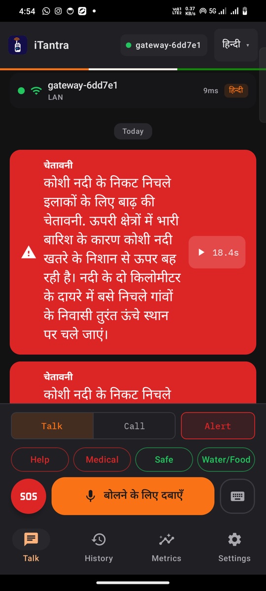 iTantra talk screen: a red Hindi flood warning card, Talk, Call and Alert buttons, quick replies, SOS and the push-to-talk button