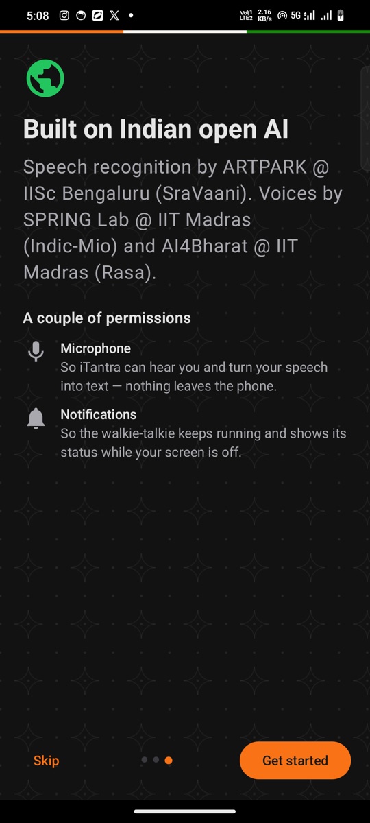 Onboarding page crediting Indian open AI research