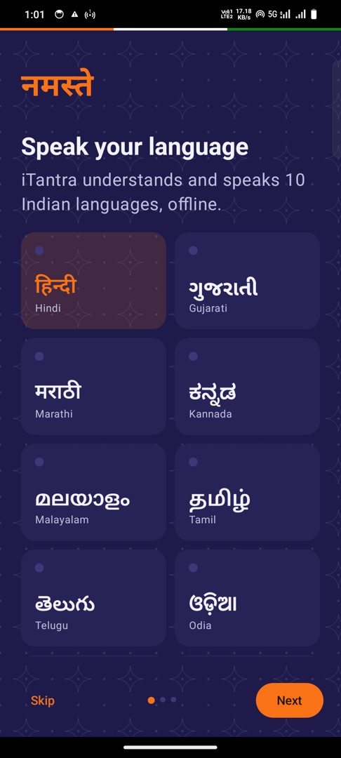 First-run screen: Speak your language, with language cards in ten scripts